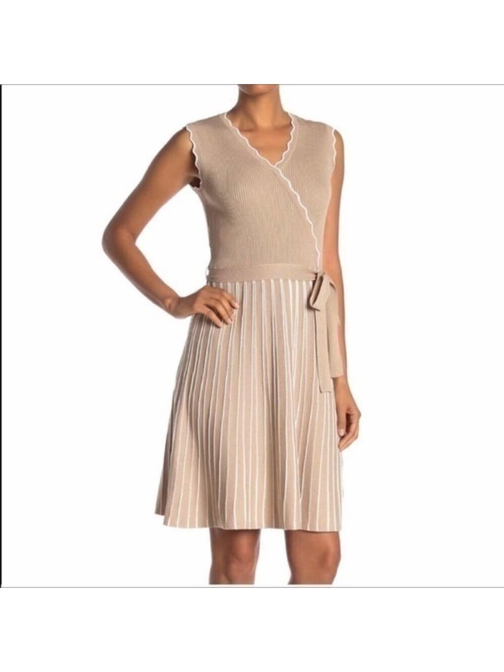 NEW Nina Leonard Scalloped tan knit faux wrap sleeveless dress size Medium
